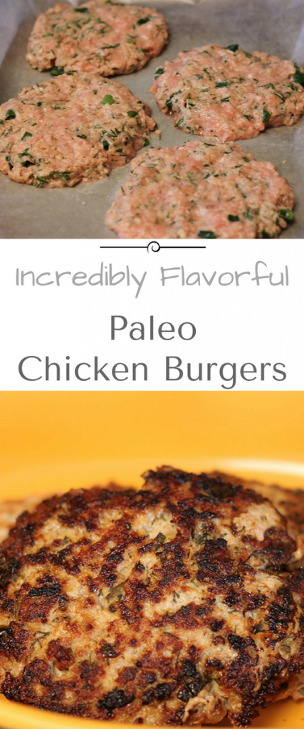 Packed with flavor, ground chicken burgers! Paleo, quick and easy. Perfect for weeknight meals!