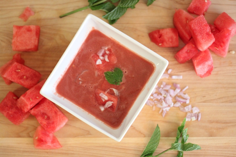 summer paleo soup with watermelon and shallots