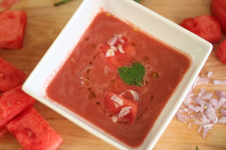 summer paleo soup with watermelon and shallots