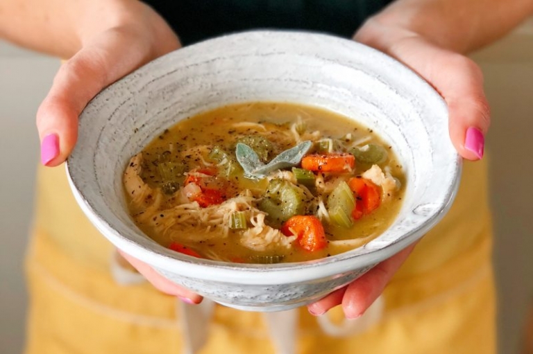 Savory, rich chicken pot pie soup! Perfect for a weeknight meal! Paleo crust instructions included!