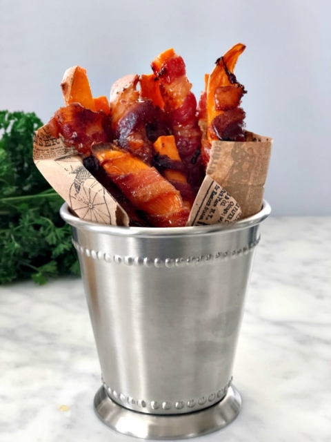 A Paleo snack! FOR EVERY PARTY! The best bacon wrapped sweet potato fries!