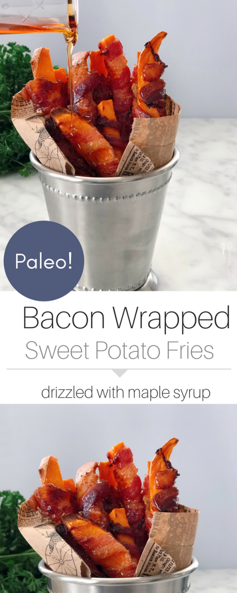A Paleo snack! FOR EVERY PARTY! The best bacon wrapped sweet potato fries!