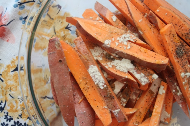 The best bacon wrapped sweet potato fries with seasonings!