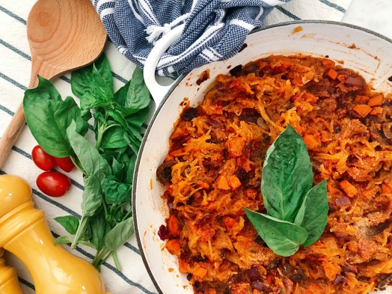 This mouthwatering Instant Pot, paleo spaghetti squash bake is so savory and satisfying! It is paleo optional, vegetarian and super quick to make which is perfect for weeknight meal!