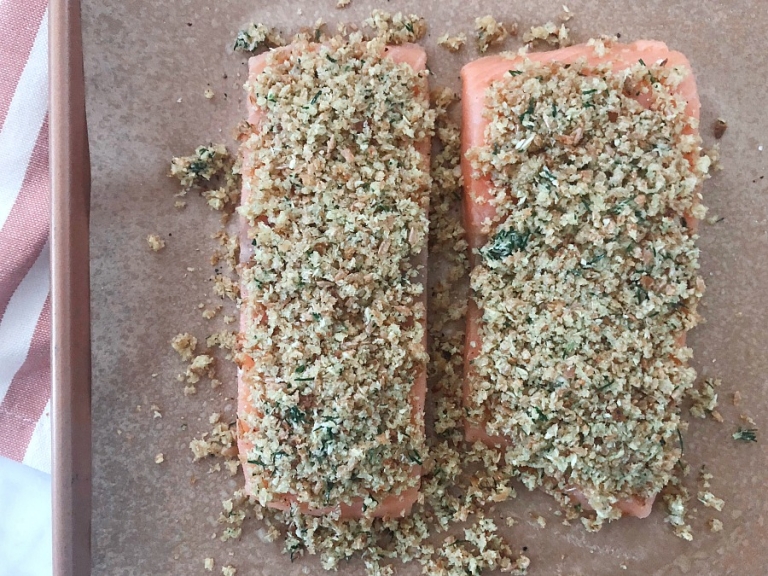 Healthy and delicious weeknight sheet pan meal! Savory herb crusted salmon with fresh dill and horseradish!