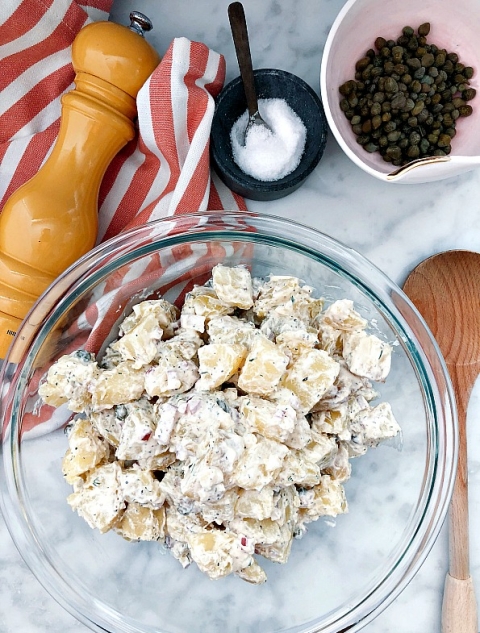 The perfect side dish for all gatherings! Delicious Instant Pot Potato Salad! Fresh herb, capers, and no mayo! No sugar! Perfectly creamy and flavorful!
