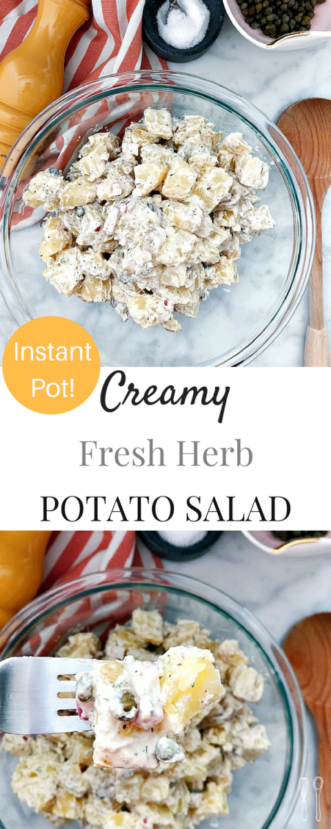 The perfect side dish for all gatherings! Delicious Instant Pot Potato Salad! Fresh herb, capers, and no mayo! No sugar! Perfectly creamy and flavorful!